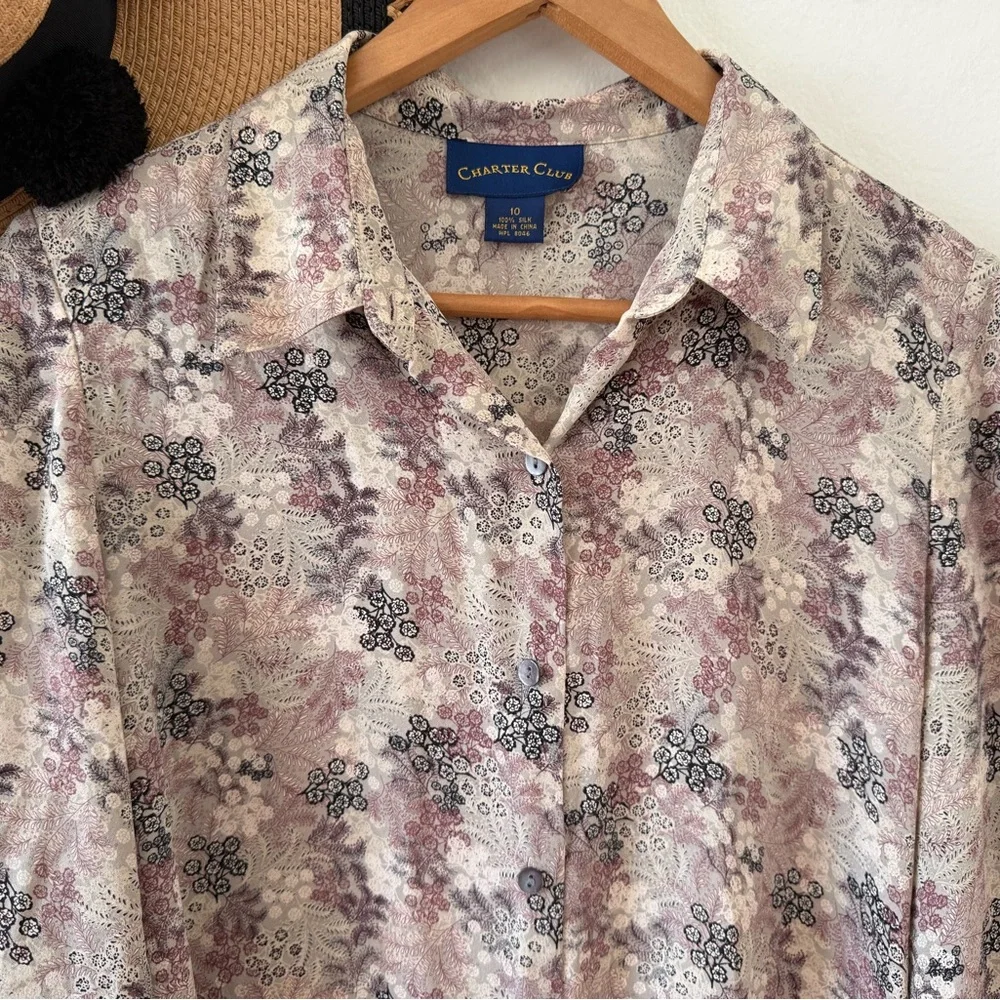 Vintage Charter Club Silk Floral Button Down Blouse Size 10